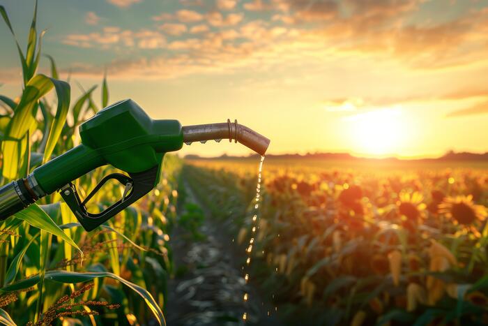 Industrial corn ethanol facility at sunset illustrating large-scale biofuel production and energy generation.