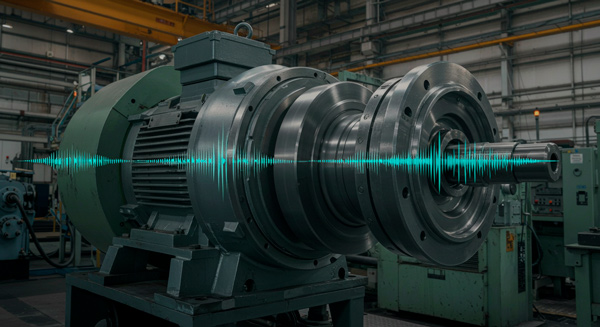 Industrial rotating equipment with digital vibration overlay, illustrating how vibration analysis evaluates machine health and operational stability.