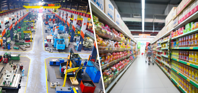 Industrial production line illustrating the difference between capital goods used in manufacturing and consumer goods produced for end users.