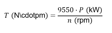 Torque calculation formula displaying torque (Nm) based on motor power in kW and rotational speed in rpm.