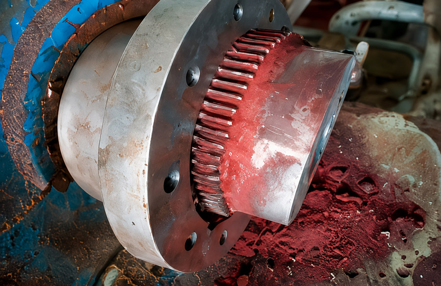 Close-up of an industrial turbine coupling connecting rotating shafts for mechanical power transmission.